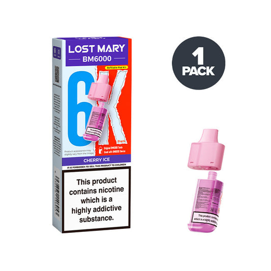 Cherry Ice Lost Mary BM6000 Prefilled Pod and Box on a white background