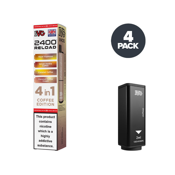 IVG 2400 Reload 4 in 1 Prefilled Vape Pods - Coffee Edition My Vapery UK IVG 2400 Reload 4 in 1 Prefilled Vape Pods - Coffee Edition My Vapery UK