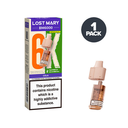 Cola Lost Mary BM6000 Prefilled Pod and Box on a white background