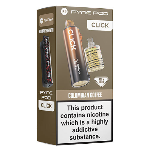 Pyne Pod Click packaging for Colombian Coffee with nicotine warning label
