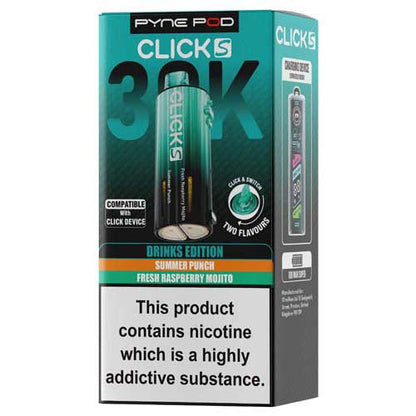 Pyme Pod Clicks 30K vape device packaging on a white background