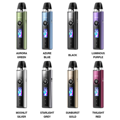 Assorted colours of a Geekvape Wenax Q Pro vaping device with digital display on a white background