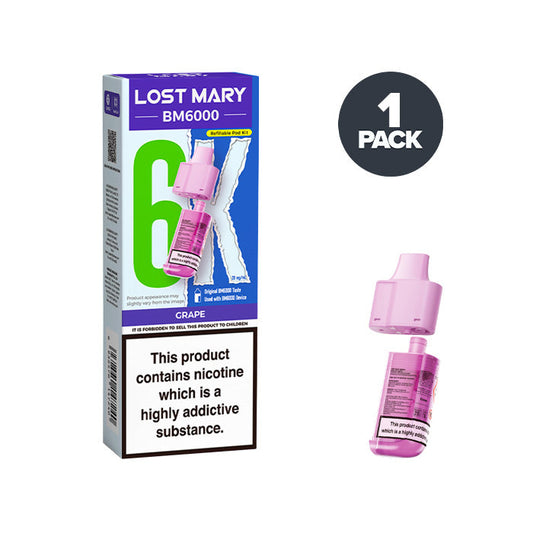 Grape Lost Mary BM6000 Prefilled Pod and Box on a white background