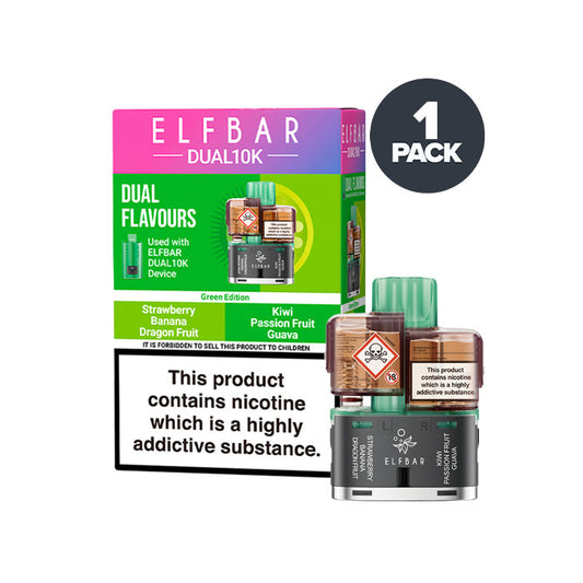 Green Edition Elf Bar Dual 10K Refill and Box on a white background