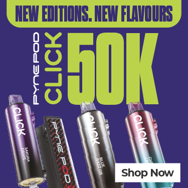 Promotional image of Pyne pod Click vape devices with text about new editions and flavours on a purple background.