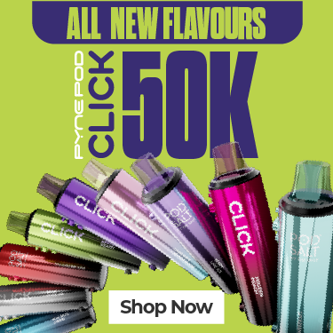Promotional banner for Pyne Pod Click 50K with colourful vape pods on a green background.