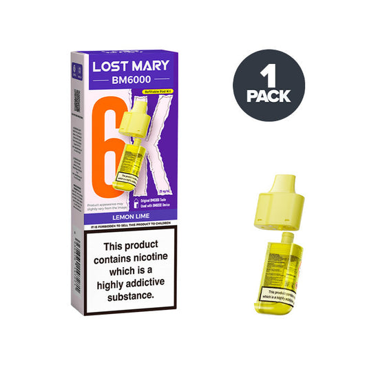 Lemon Lime Lost Mary BM6000 Prefilled Pod and Box on a white background