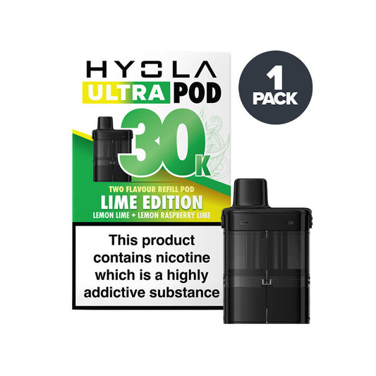 Lime Edition Hyola Ultra 30K Prefilled Pod and Box on a white background