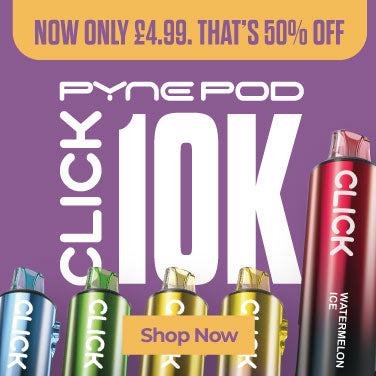 A banner for PynePod Click 10K vape devices, featuring multiple colorful vape canisters in silver, blue, green, yellow, red, black, and orange against a solid purple background, with large white text reading 'CLICK 10K' and a yellow banner offering £4.99.