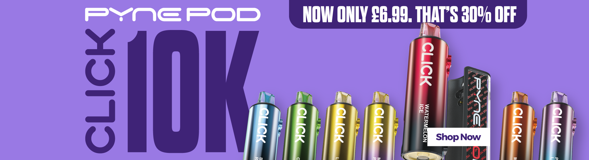 Promotional banner for Pyne Pod Click 10K Vape Kit on a purple background.