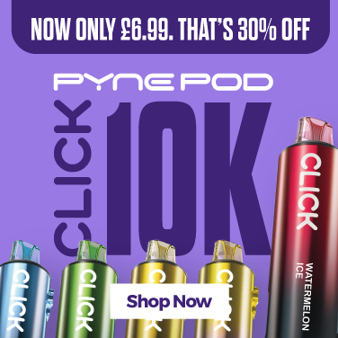 Promotional banner for Pyne Pod Click 10K Vape Kit on a purple background.