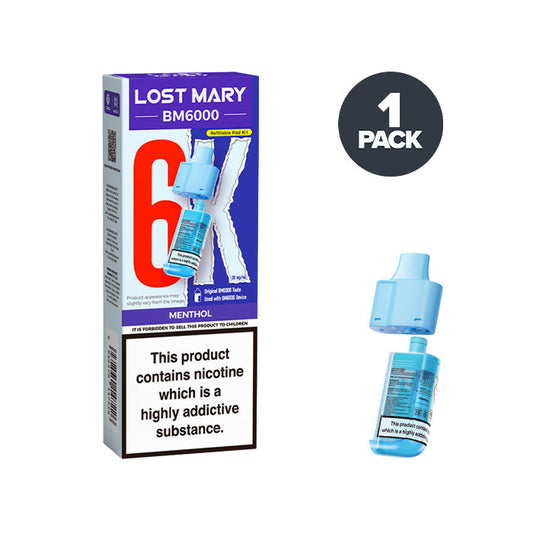 Menthol Lost Mary BM6000 Prefilled Pod and Box on a white background