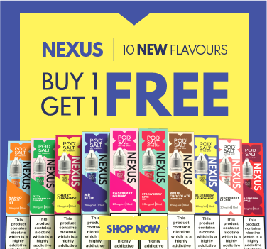 Promotional banner for Nexus e-liquid new flavors and a buy one get one free offer.