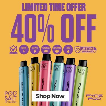 Promotional banner for Pyne Pod 2 in ONE starter kits with a 40% discount offer on a yellow background.