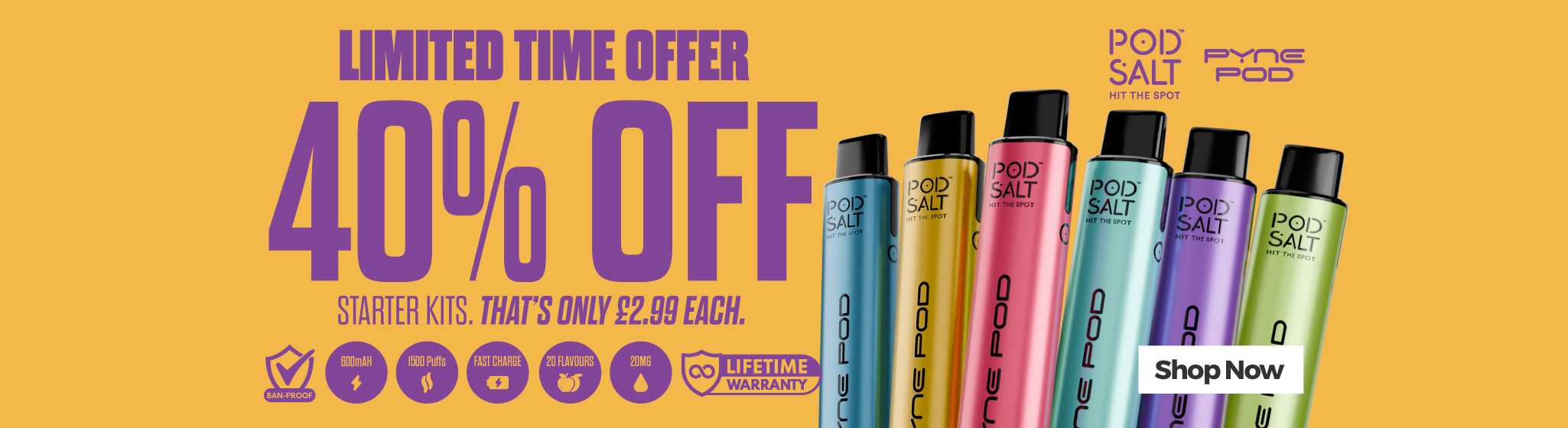 Promotional banner for POD Salt vape starter kits with a 40% discount offer on a yellow background.