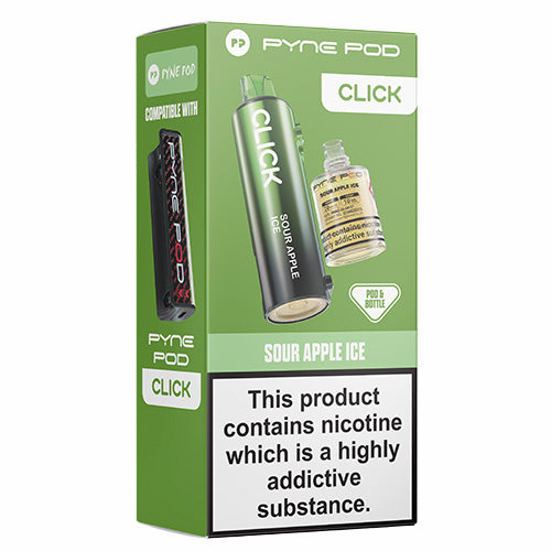Green Pyne Pod packaging for 'Click' Sour Apple Ice flavor on a white background