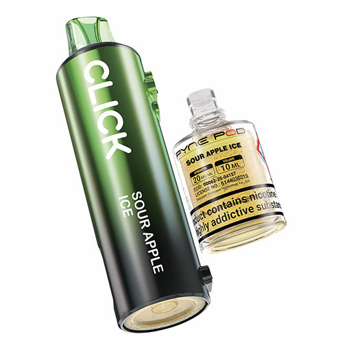 Green vape device with 'CLICK' branding and a bottle of 'Sour Apple Ice' flavor on a white background.