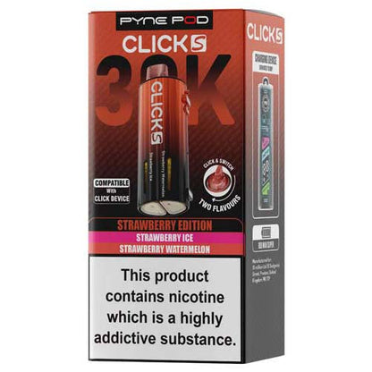 Pyne Pod Clicks 30K strawberry edition packaging on a white background