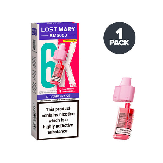 Strawberry Ice Lost Mary BM6000 Prefilled Pod and Box on a white background