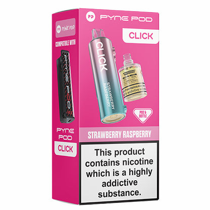 Pink packaging of Pyne Pod Click Strawberry Raspberry with product and bottle illustration on a white background