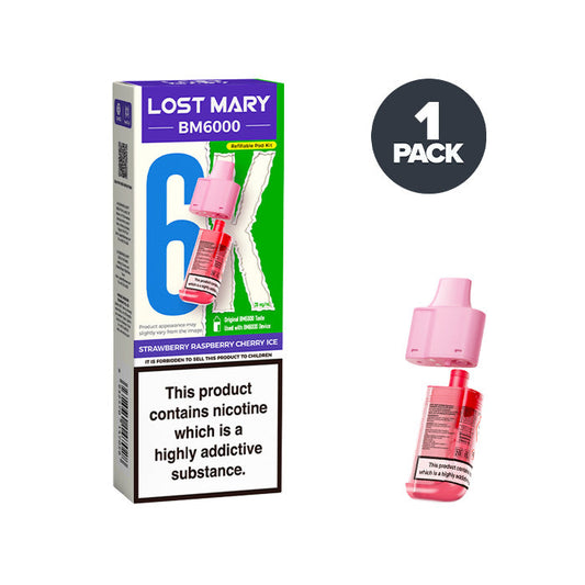 Strawberry Raspberry Cherry Ice Lost Mary BM6000 Prefilled Pod and Box on a white background