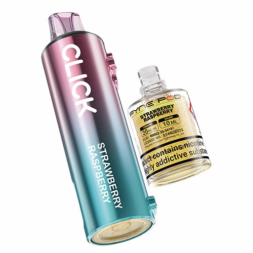 Vape device and strawberry raspberry e-liquid bottle on a white background