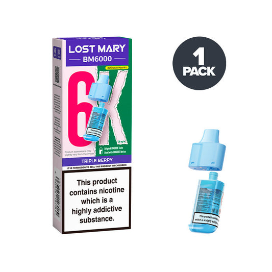 Triple Berry Lost Mary BM6000 Prefilled Pod and Box on a white background