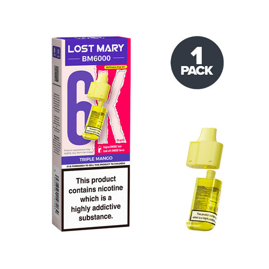 Triple Mango Lost Mary BM6000 Prefilled Pod and Box on a white background