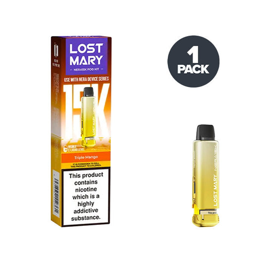 Triple Mango Lost Mary Nera 15K Pre-filled Pod and Box on a white background
