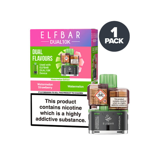 Watermelon Edition Elf Bar Dual 10K Refill and Box on a white background
