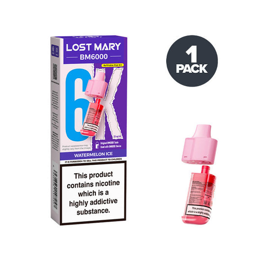 Watermelon Ice Lost Mary BM6000 Prefilled Pod and Box on a white background