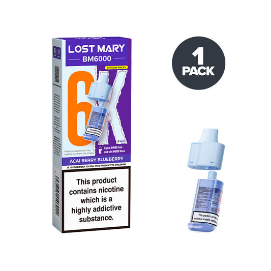 Acai Berry Blueberry Lost Mary BM6000 Prefilled Pod and Box on a white background
