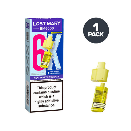 Acai Berry Lemonade Lost Mary BM6000 Prefilled Pod and Box on a white background