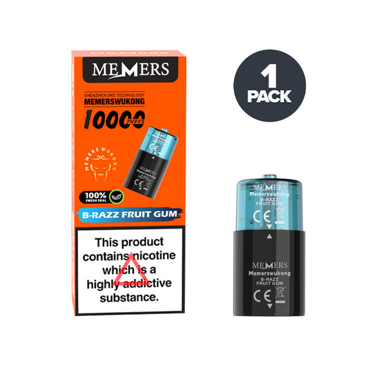 B-Razz Fruit Gum Memers Wukong V10000 Prefilled Pod and Box on a white background