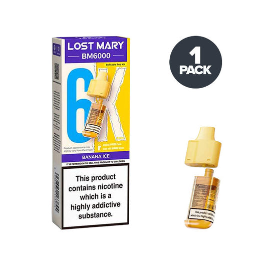 Banana Ice Lost Mary BM6000 Prefilled Pod and Box on a white background