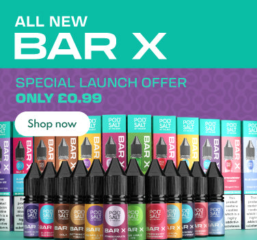 A banner for BAR X e-liquid vape products, showing multiple colorful flavour boxes and black bottles lined up against a purple and teal background with marketing text.