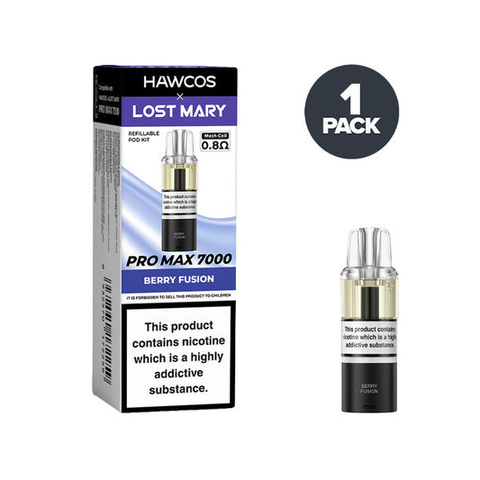 Berry Fusion Hawcos X Lost Mary 7000 Pro Max Prefilled Pods on a white background