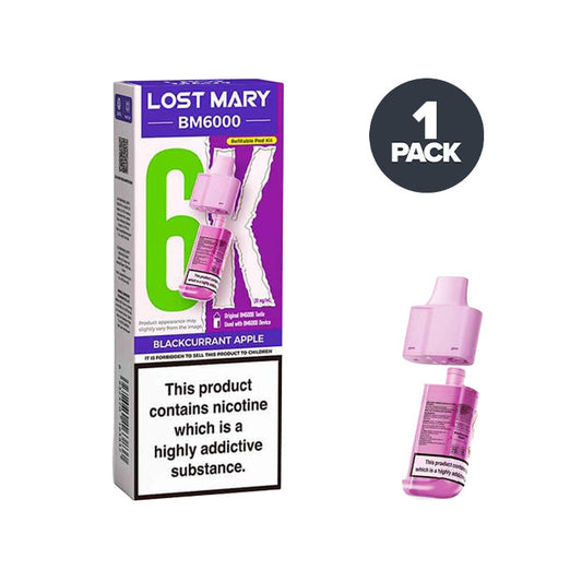 Blackcurrant Apple Lost Mary BM6000 Prefilled Pod and Box on a white background