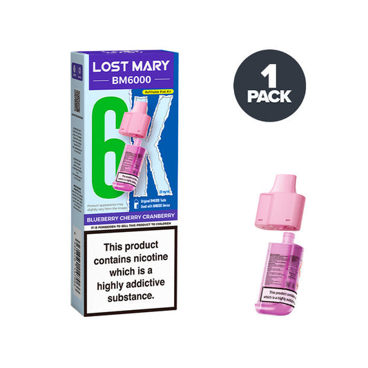 Blueberry Cherry Cranberry Lost Mary BM6000 Prefilled Pod and Box on a white background