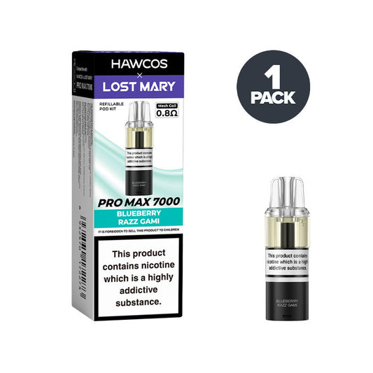 Blueberry Razz Gami Hawcos X Lost Mary 7000 Pro Max Prefilled Pod and Box on a white background