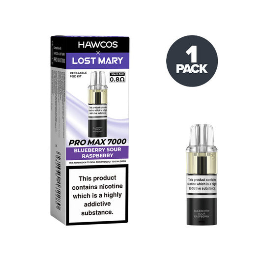 Blueberry Sour Raspberry Hawcos X Lost Mary 7000 Pro Max Prefilled Pod and Box on a white background