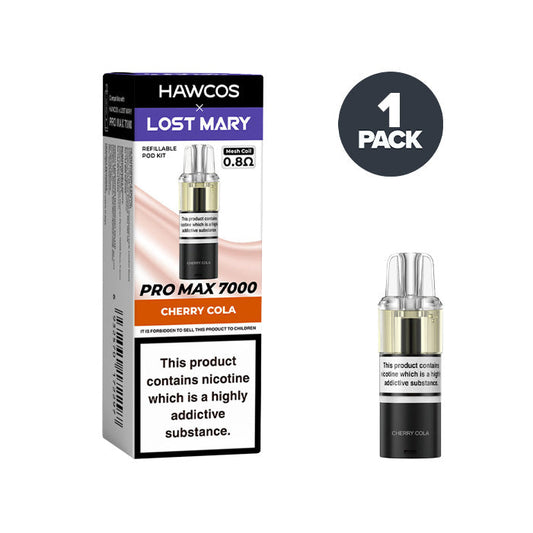 Cherry Cola Hawcos X Lost Mary 7000 Pro Max Prefilled Pod and Box on a white background