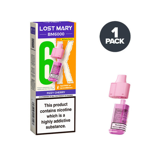Fizzy Cherry Lost Mary BM6000 Prefilled Pod and Box on a white background