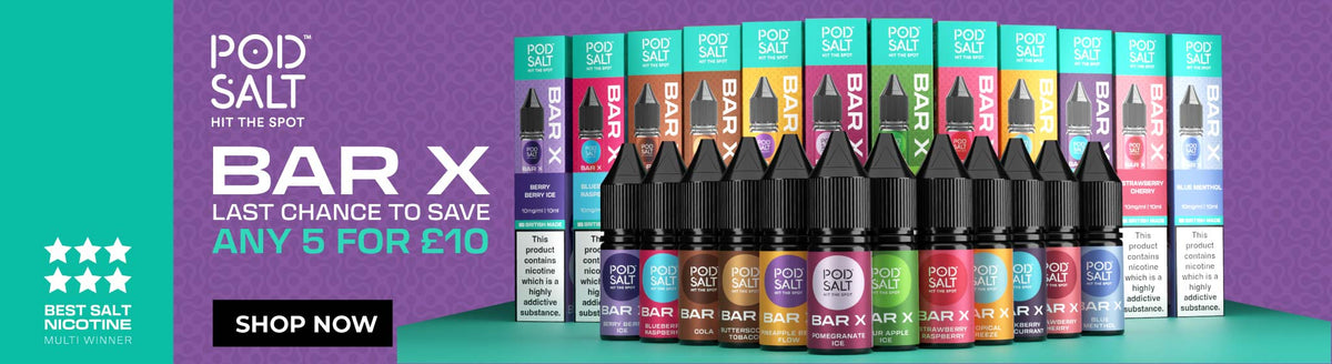 Promo banner for Bar X Nic Salt offer with text 5 for £10 showing 12 bottles of Bar X nic salts in different colours