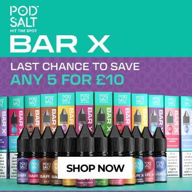 Promo banner for Bar X Nic Salt offer with text 5 for £10 showing 12 bottles of Bar X nic salts in different colours