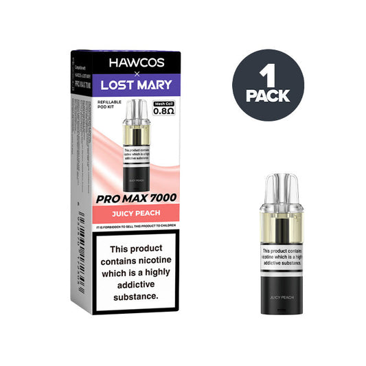 Juicy Peach Hawcos X Lost Mary 7000 Pro Max Prefilled Pod and Box on a white background