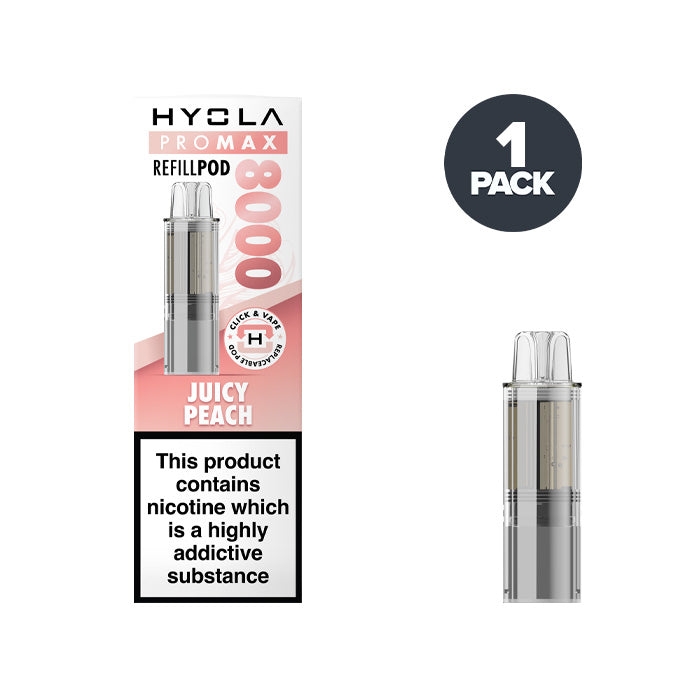 Juicy Peach Hyola Pro Max 8000 Prefilled Pod and box.