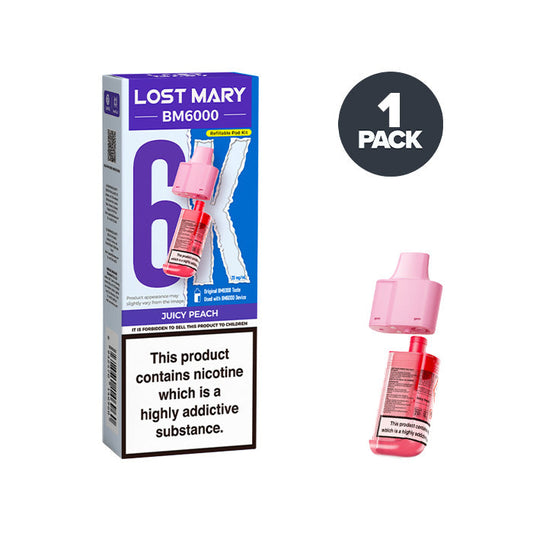 Juicy Peach Lost Mary BM6000 Prefilled Pod and Box on a white background