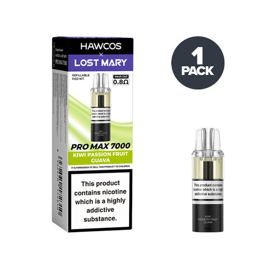 Kiwi Passionfruit Guava Hawcos X Lost Mary 7000 Pro Max Prefilled Pod and Box on a white background