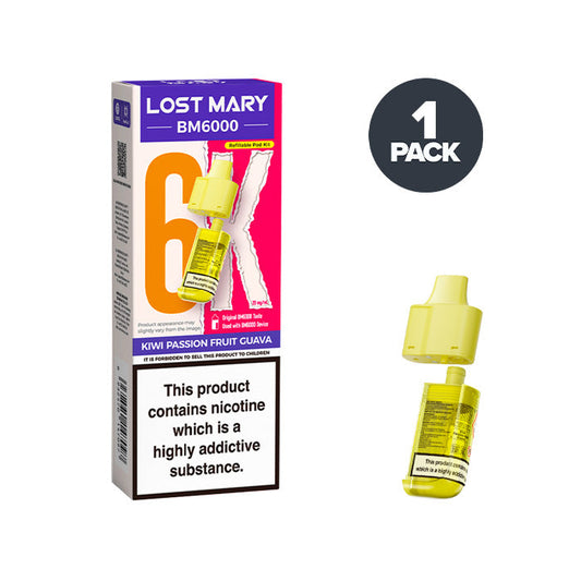 Kiwi Passion Fruit Guava Lost Mary BM6000 Prefilled Pod and Box on a white background